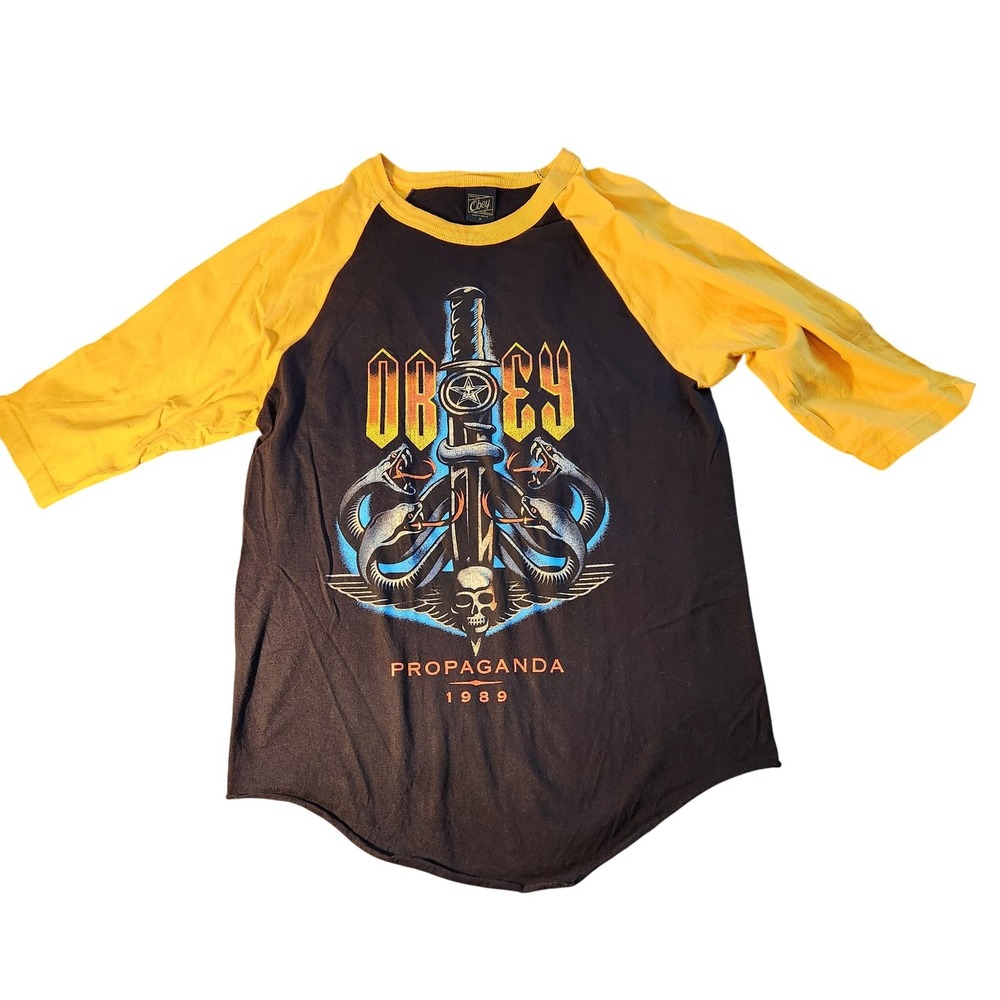 Obey Shirt Mens Medium Black Yellow Propaganda 1989 Graphic Raglan Tee Snakes